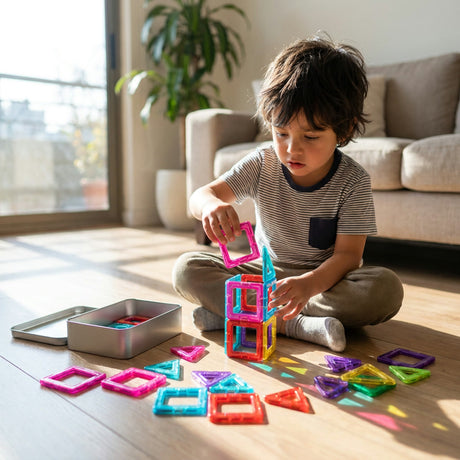 Niño armando esfera con bloques magnéticos translúcidos colores living chileno