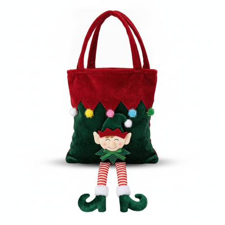 Bolsa regalo navidad duende elfo terciopelo verde rojo vista frontal