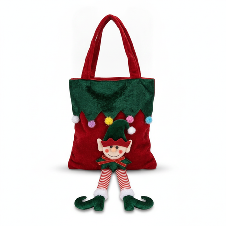 Bolsa regalo navidad duende elfo terciopelo rojo verde vista frontal