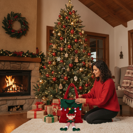 Bolsa navideña elfo bajo árbol de navidad living hogar chileno