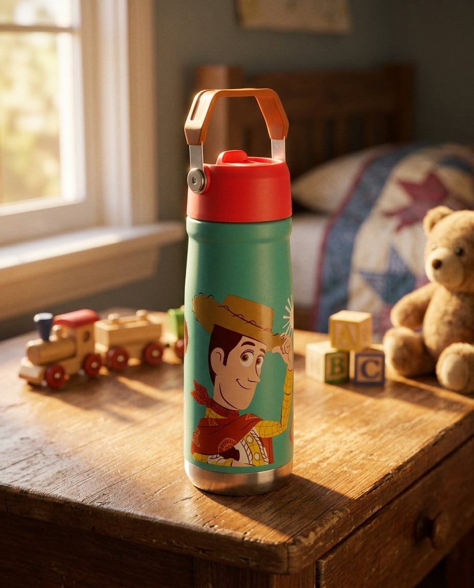 Botella agua Woody Toy Story picnic parque chileno luz natural