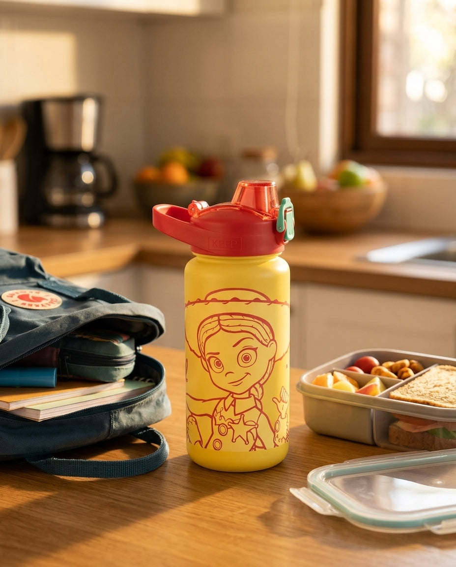 Niño chileno uniforme escolar usando botella Switch Toy Story 5