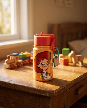 Botella escolar Toy Story Jessie junto a mochila y útiles escolares chilenos