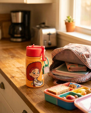 Botella infantil naranjo Toy Story 5 en cocina chilena junto a lonchera