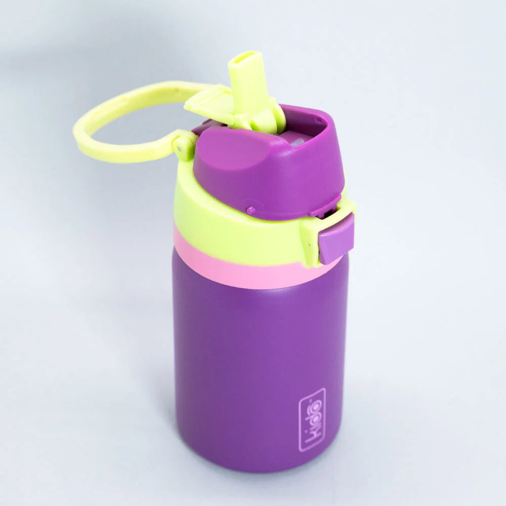 Botella térmica infantil Kido 420ml acero inoxidable morada tapa lima vista frontal abierta