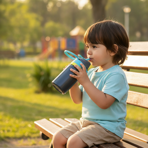 Niño chileno guardando botella deportiva térmica Kido en mochila escolar