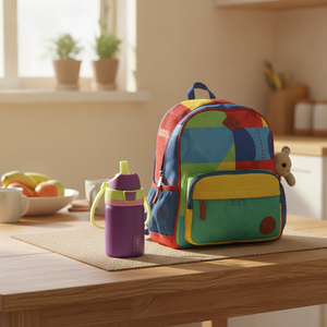 Botella térmica Kido 420ml junto a mochila escolar cocina hogar chileno