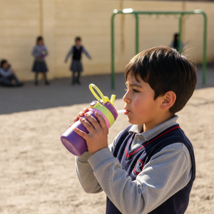 Niña chilena con botella deportiva térmica Kido morada parque al aire libre
