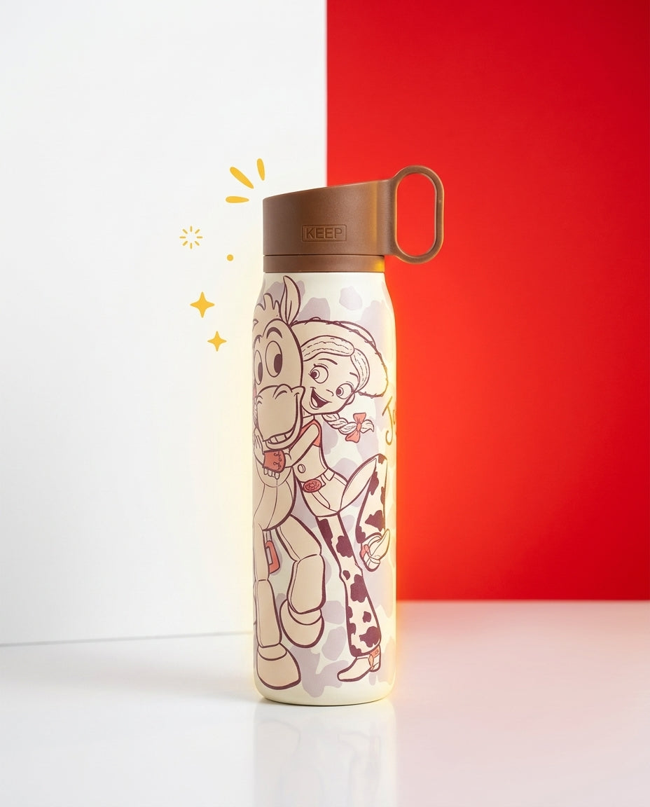 Botella Toy Story 580ml sobre escritorio escolar chileno estilo lifestyle