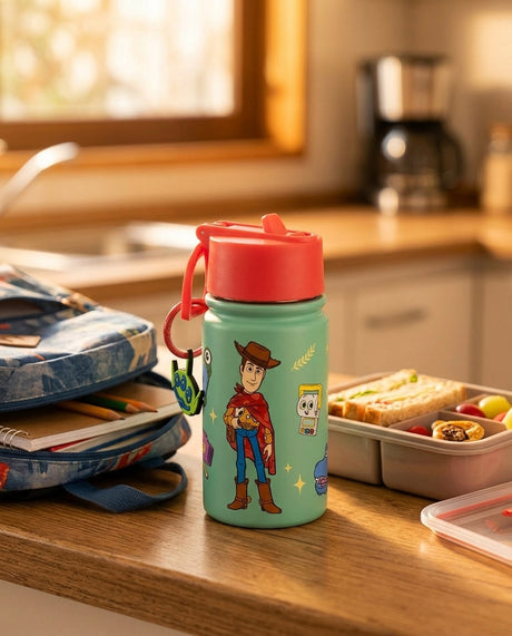 Botella agua Toy Story 5 dentro de mochila escolar niño chileno