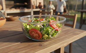 Bowl vidrio templado con ensalada chilena en mesa asado quincho exterior