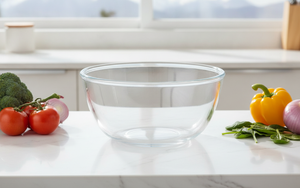 Ensaladera vidrio transparente sobre mesón cocina moderna chilena con verduras frescas