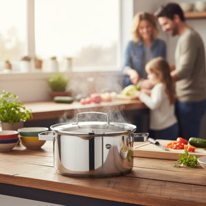 Mujer cocinando sopa en cacerola inoxidable Wens cocina hogar chileno