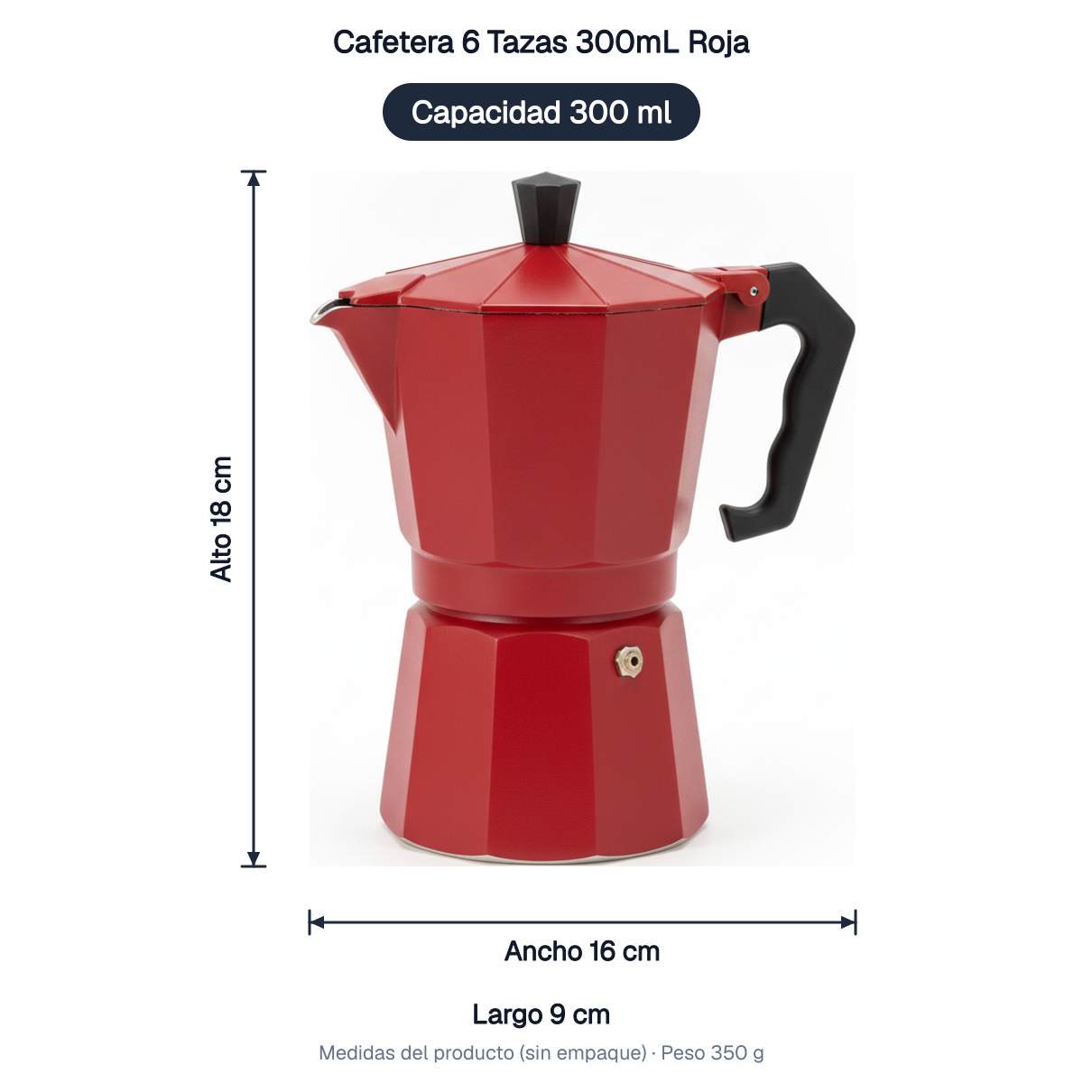 Cafetera 6 Tazas 300mL Roja medidas: alto 18 cm, ancho 16 cm, largo 9 cm, peso 350 g, capacidad 300 ml