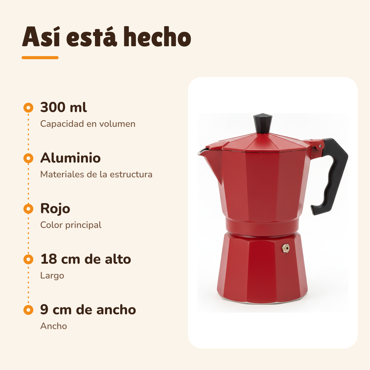 Cafetera 6 Tazas 300mL Roja: 300 ml, Aluminio, Rojo, 18 cm de alto, 9 cm de ancho