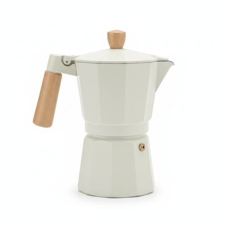 Cafetera italiana moka 6 tazas blanca mango madera vista frontal fondo blanco