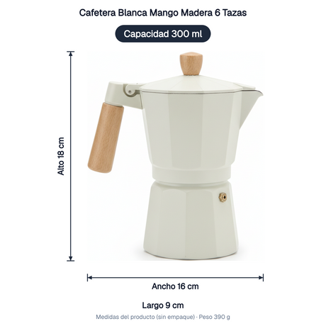 Cafetera Blanca Mango Madera 6 Tazas medidas: alto 18 cm, ancho 16 cm, largo 9 cm, peso 390 g, capacidad 300 ml