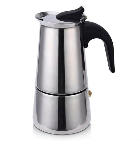 Cafetera italiana acero inoxidable 9 tazas espresso vista frontal fondo blanco