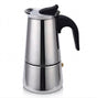 Cafetera italiana acero inoxidable 9 tazas espresso vista frontal fondo blanco