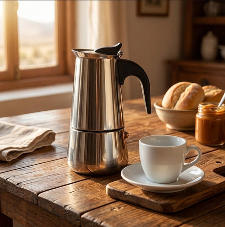 Cafetera moka acero inoxidable sobre mesa cocina chilena desayuno familiar