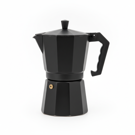 Cafetera italiana moka 9 tazas negro 450ml vista frontal fondo blanco