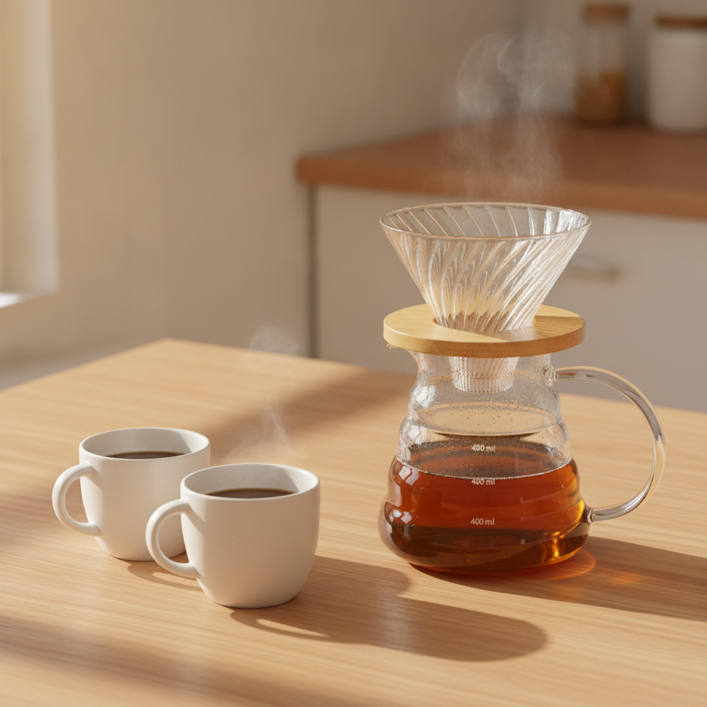 Jarra servidora V60 600ml café recién preparado cocina hogar iluminada
