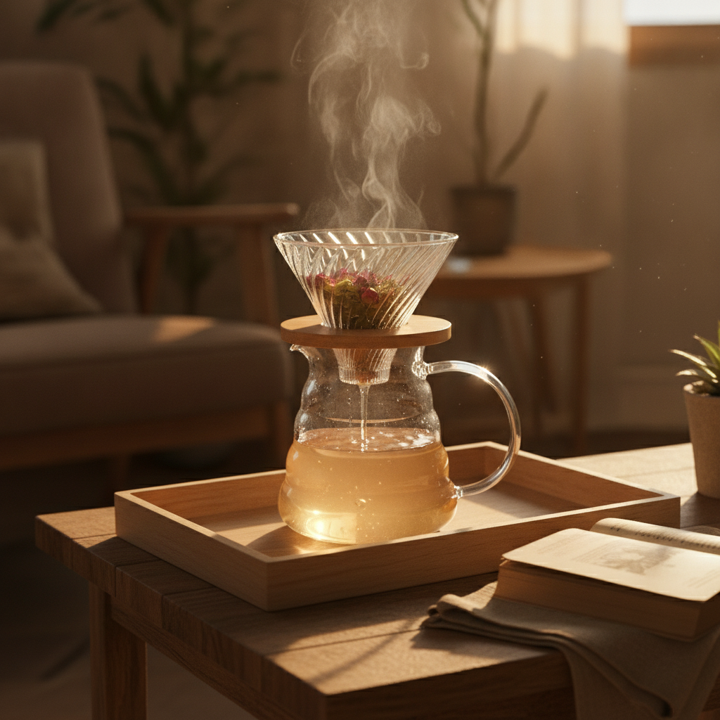 Set V60 vidrio bambú infusión té floral living chileno tarde