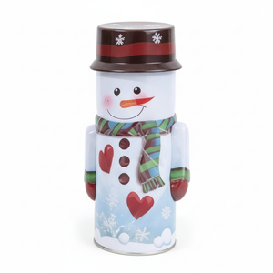 Caja metálica navideña muñeco de nieve 24cm vista frontal fondo blanco