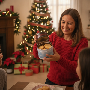 Familia chilena compartiendo galletas caja metálica muñeco de nieve Navidad