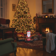 Caja lata navideña Viejito Pascuero bajo árbol de navidad living chileno