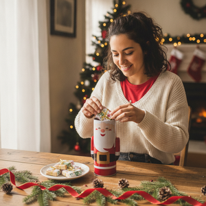 Mujer rellenando caja metálica Viejito Pascuero con galletas regalo Navidad