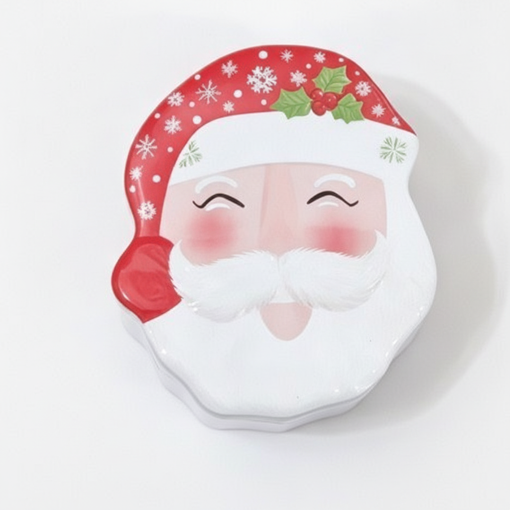 Caja metálica navidad viejito pascuero ho ho ho vista frontal fondo blanco