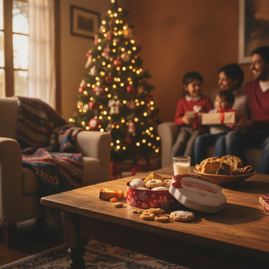 Caja galletas navideña viejito pascuero sobre mesa living chileno navidad