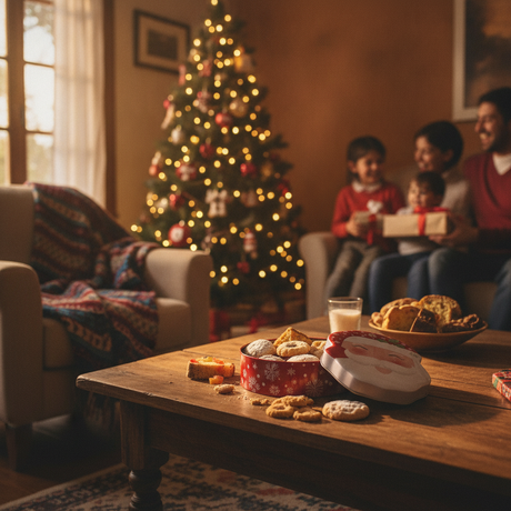 Caja galletas navideña viejito pascuero sobre mesa living chileno navidad