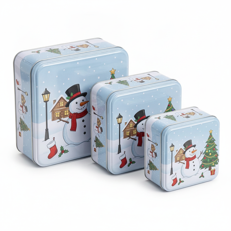 Set 3 cajas metálicas navideñas muñeco de nieve vista frontal fondo blanco