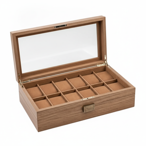 Caja organizador relojes madera tapa vidrio 12 compartimentos vista frontal abierta