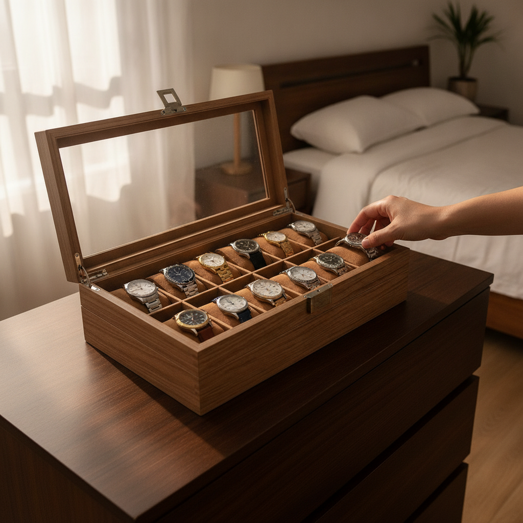 Organizador relojes madera tapa vidrio sobre cómoda dormitorio chileno colección ordenada