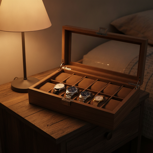 Caja organizador 12 relojes madera abierta con relojes en compartimentos dormitorio