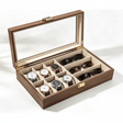 Caja organizador relojes lentes madera tapa vidrio 10 compartimentos vista frontal abierta