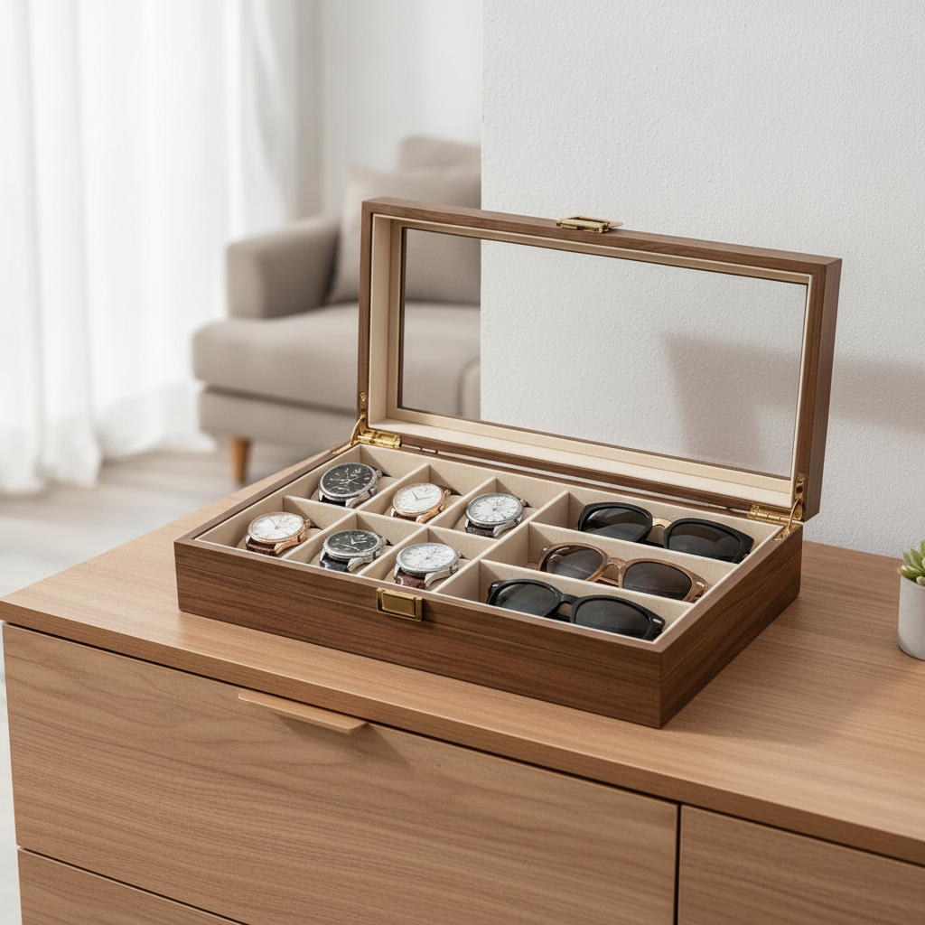 Organizador relojes lentes madera tapa vidrio living chileno luz natural