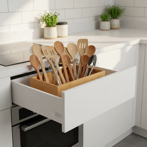 Mujer organizando cubiertos en caja madera natural cocina moderna