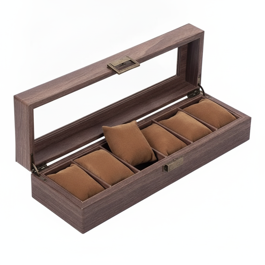 Caja portarelojes madera 6 ranuras estuche organizador retro fondo blanco vista frontal