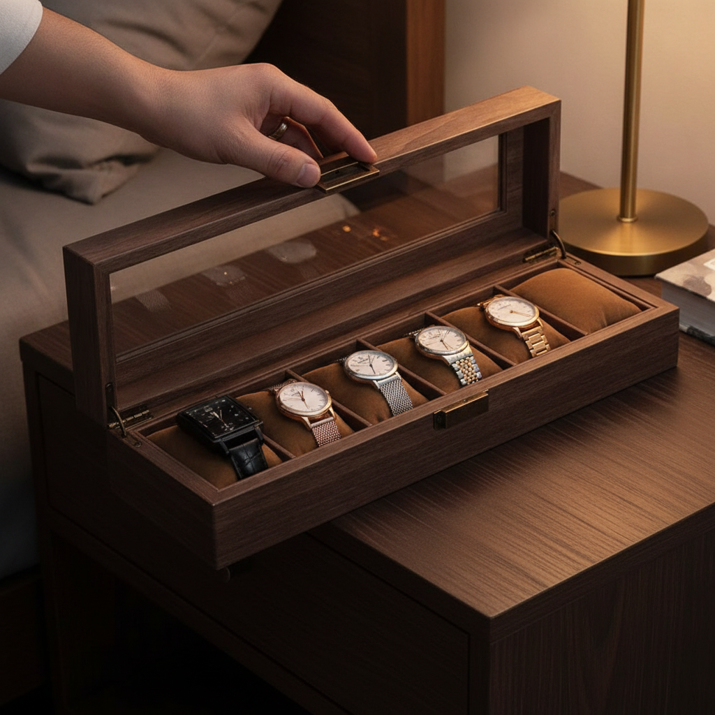 Estuche organizador relojes madera tapa vidrio abierta colección relojes velador dormitorio