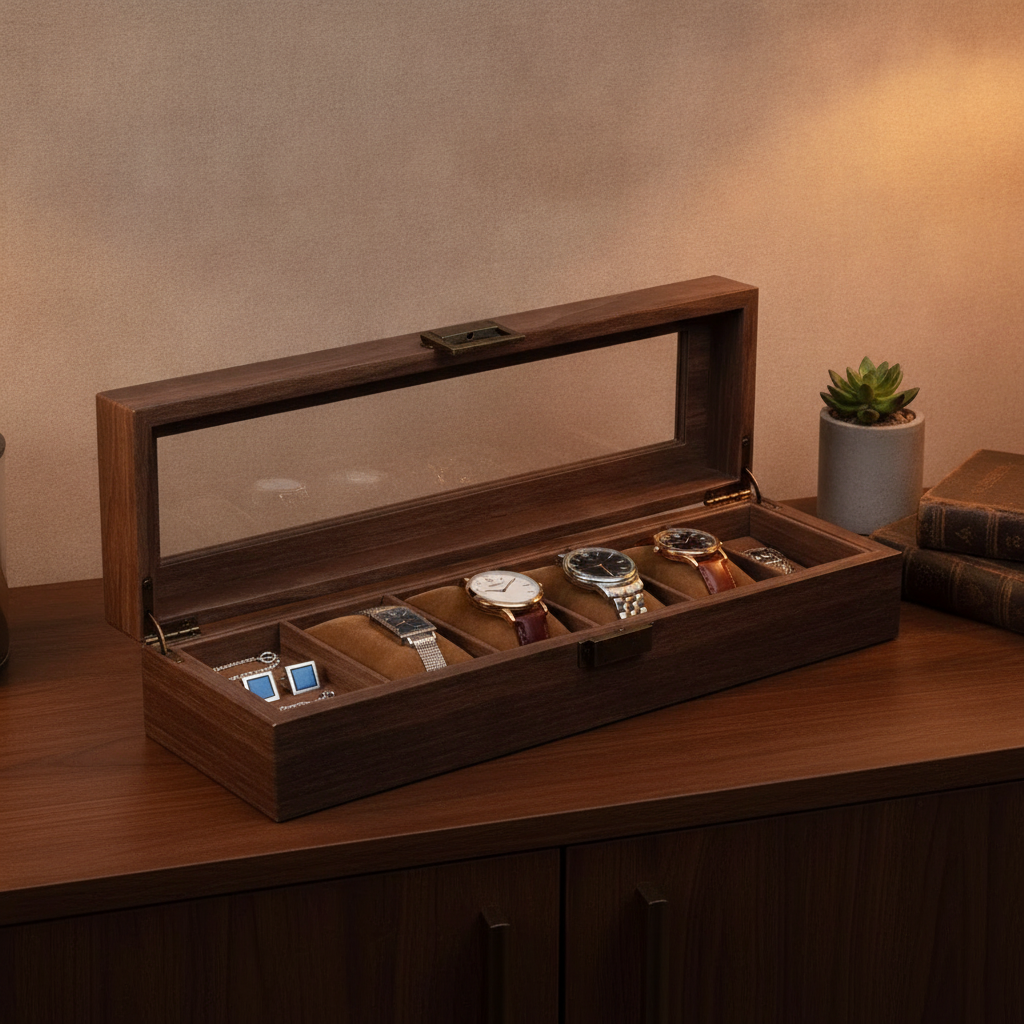 Organizador relojes joyas madera 6 ranuras franela abierto living elegante