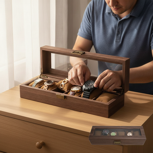 Hombre colocando reloj en estuche organizador madera 6 ranuras franela marrón