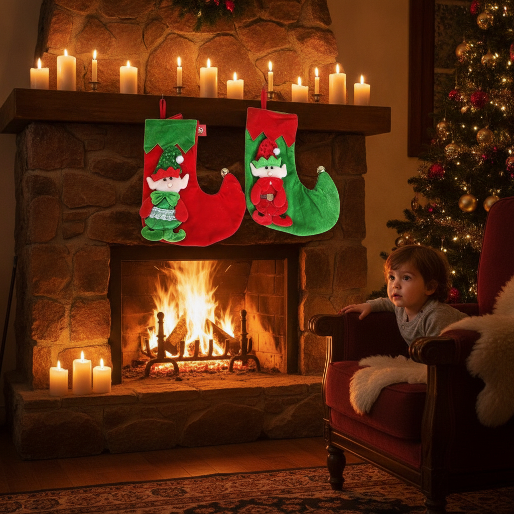 Calcetines navideños colgados chimenea living chileno decoracion navidad elfos