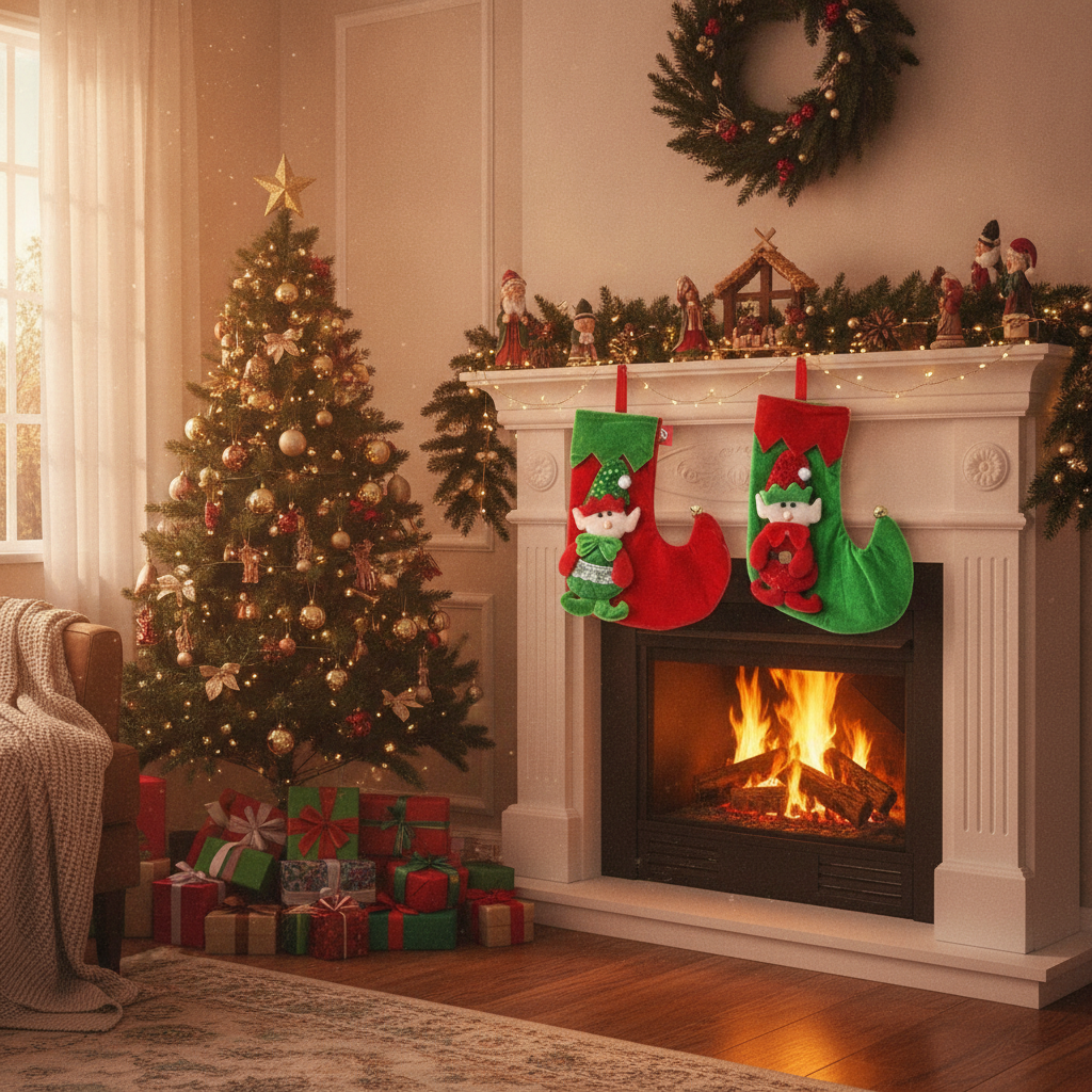 Medias navideñas con elfos 3D colgadas repisa chimenea hogar decorado navidad
