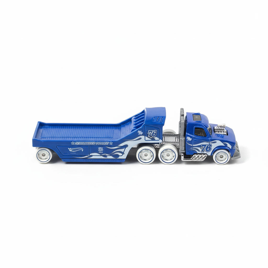 Camion Hot Wheels Track Fleet Semi Rodger Dodger azul metálico con plataforma transportadora