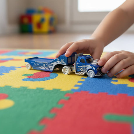 Vista lateral del camion Hot Wheels Semi Rodger Dodger azul sobre fondo blanco