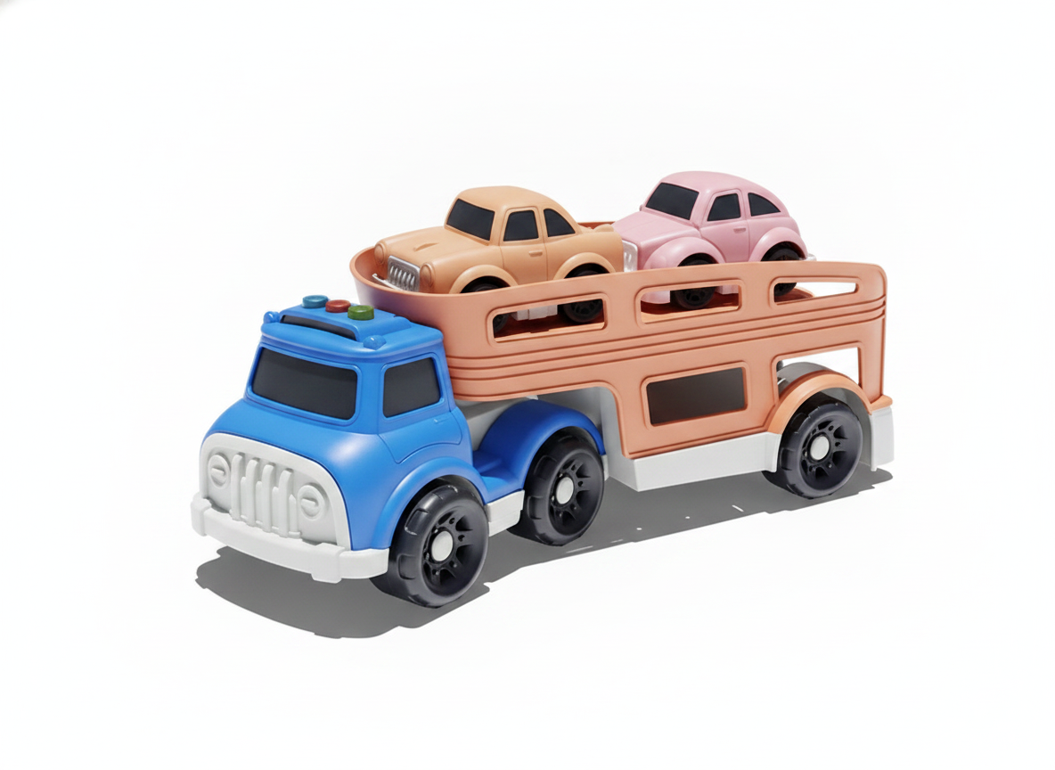 Camión transportador autos juguete plástico azul beige vista frontal fondo blanco